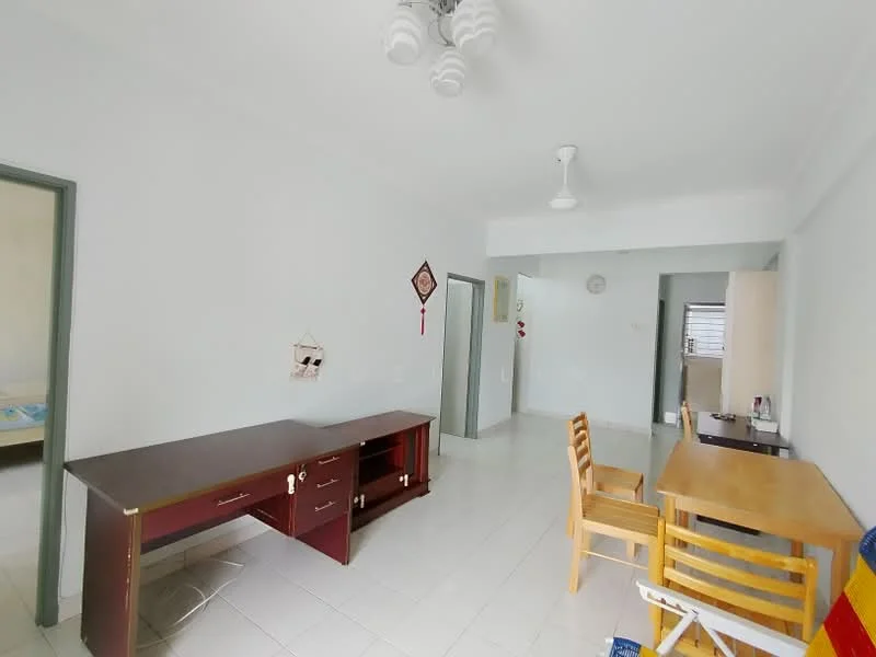 Room features: white painted walls, white tiled flooring, ceiling fan, 2 wooden tables, 4 wooden chairs, wall clock, decorative wall hanging, open layout; style: minimalist.