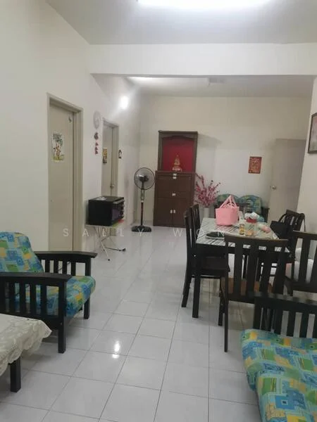 Living features: white painted walls, glossy white tile flooring, ceiling lights, 2-seater fabric sofa in blue and green, wooden dining table, black wooden dining chairs, wall-mounted fan, decorative wall art, sideboard cabinet, pink bag on the table, table set with dishes; style: modern.