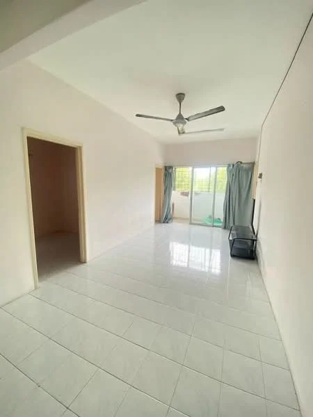 Living features: white painted walls, glossy white tile flooring, 5-blade ceiling fan, floor-to-ceiling windows, sliding glass door, curtains, black coffee table, natural light from windows; style: minimalist; view: garden. Room features: white painted walls, glossy white tile flooring.