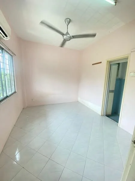 Room features: pink painted walls, white tiled flooring, ceiling fan, window with grille, doorway leading to another room, light fixture on ceiling.
