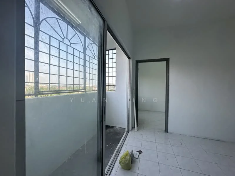 Room features: white painted walls, tile flooring, large sliding glass door, floor-to-ceiling windows, view of the outside, natural light from windows, grey door frame, open space layout; view: city.