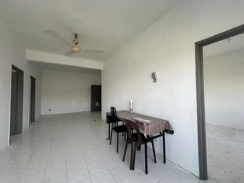 Room features: white painted walls, ceramic tile flooring, ceiling fan, dining table, plastic chairs, doorway leading to another room, open space layout, natural light from windows; style: minimalist.