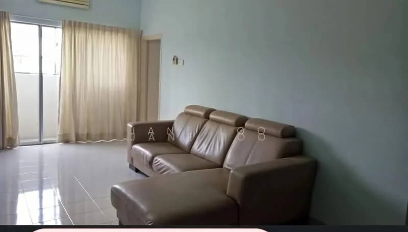 Living features: light beige leather sectional sofa, white walls, glossy tile flooring, floor-to-ceiling windows, sheer curtains, air conditioning unit, neutral wall color, natural light from window; style: modern.