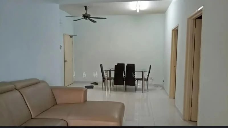 Living features: beige leather sofa, 5-blade ceiling fan, white painted walls, glossy tile flooring, dining table with 6 black chairs, doorway leading to hallway, doorway leading to additional rooms, natural light from ceiling lights; style: modern.