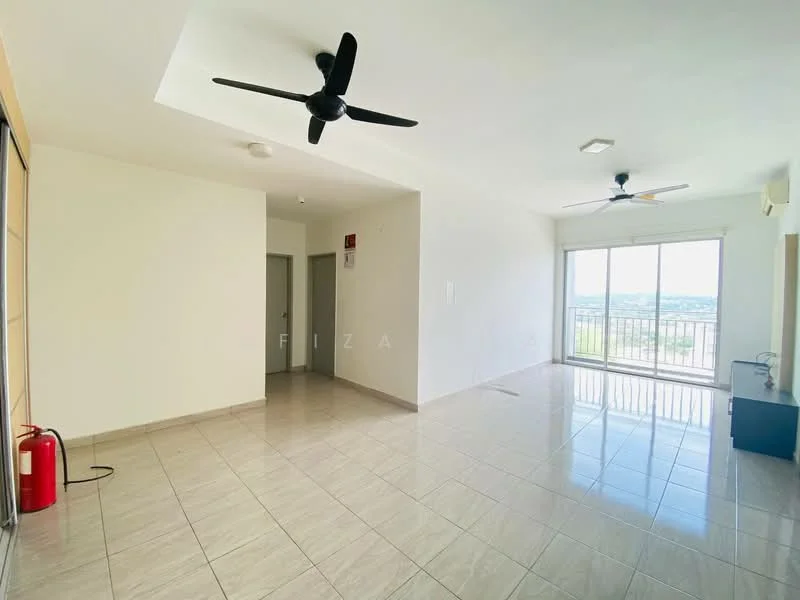 Living features: white painted walls, glossy ceramic tile flooring, tray ceiling, 2 ceiling fans, large sliding glass door, floor-to-ceiling windows, fire extinguisher, neutral color scheme, open layout, natural light, view of the city, minimalist decor; style: modern; view: city.