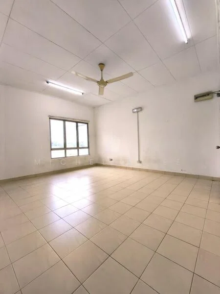 Room features: white painted walls, tile flooring, ceiling fan, 2 fluorescent ceiling lights, 1 wall-mounted air conditioning unit, large window with view, neutral color scheme.