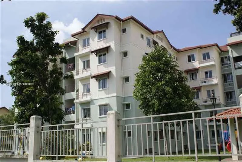 Exterior type: low-rise apartment block; features: white painted facade, green painted facade, red tiled roof, multiple storeys, balconies on upper floors, manicured landscaping, mature trees, fenced perimeter, outdoor lighting, playground visible in background; style: modern.