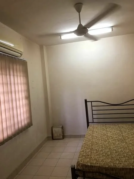 Bedroom features: single bed frame, mattress, 5-blade ceiling fan, wall-mounted air conditioning unit, vertical blinds on window, cream painted walls, tile flooring, light fixtures on ceiling.