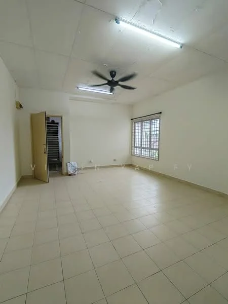 Room features: white painted walls, tile flooring, ceiling fan, window with grid pattern, door leading to another room, natural light from window, neutral color scheme, no visible furniture; style: minimalist.