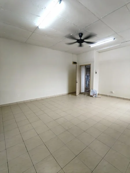 Room features: white painted walls, tile flooring, exposed ceiling, ceiling fan, door leading to another room, light fixtures, neutral color scheme, no visible furniture; style: minimalist.