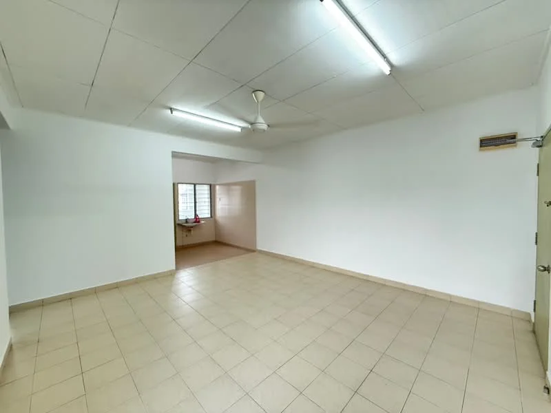 Room features: white painted walls, tile flooring, ceiling with fluorescent lights, 1 ceiling fan, large window, door with glass panel.