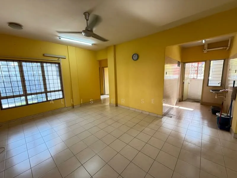 Room features: yellow painted walls, white tiled flooring, ceiling fan, large windows with grid pattern, clock on wall, open layout, natural light, corner of kitchen visible; style: modern; view: city.