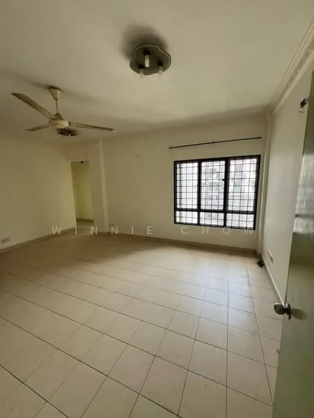 Living features: white painted walls, tile flooring, 5-blade ceiling fan, large windows with black grid design, neutral color scheme, no visible furniture, natural light from windows, corner of room leads to another space; style: minimalist.