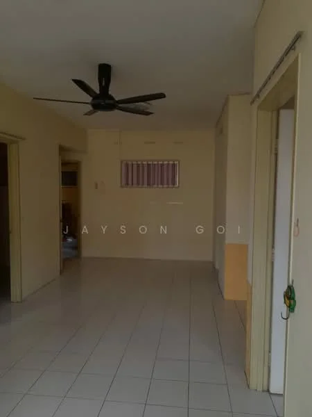 Room features: white painted walls, tiled flooring, ceiling fan, window with vertical blinds, doorway leading to another room, light switch, neutral color scheme.