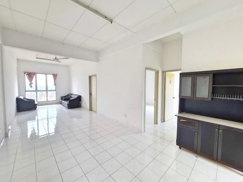 Living features: white painted walls, white tiled flooring, 5-blade ceiling fan, two-seater fabric sofa in dark color, two-seater fabric sofa in dark color, large window with city view, curtains in red, built-in cabinet with glass doors; style: modern; view: city. Room features: white painted walls, white tiled flooring, doorway leading to other rooms.