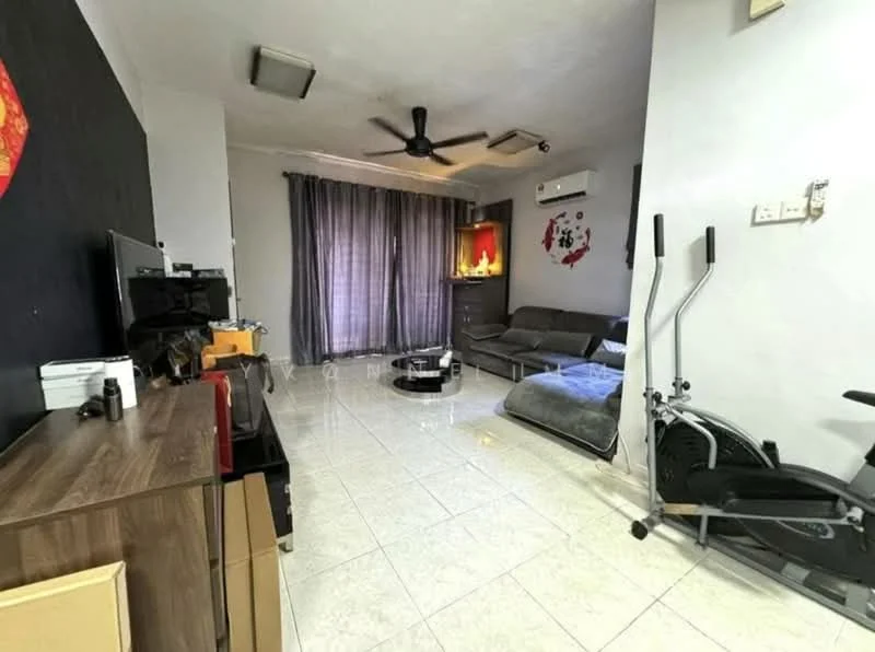 Living features: grey fabric sectional sofa, black coffee table, wall-mounted TV, TV console, 5-blade ceiling fan, recessed downlights, sliding glass door with sheer curtains, white painted walls, glossy tile flooring, air conditioning unit, exercise bike, decorative wall art; style: modern.