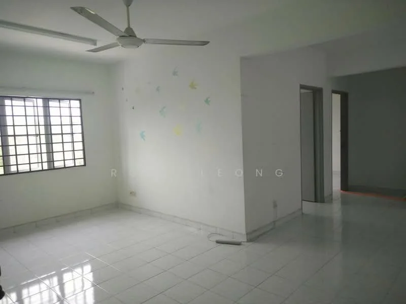 Room features: white painted walls, white tiled flooring, ceiling fan, large window with grid pattern, neutral color scheme, corner of room with no visible furniture, light from window, minimal decor; style: minimalist.