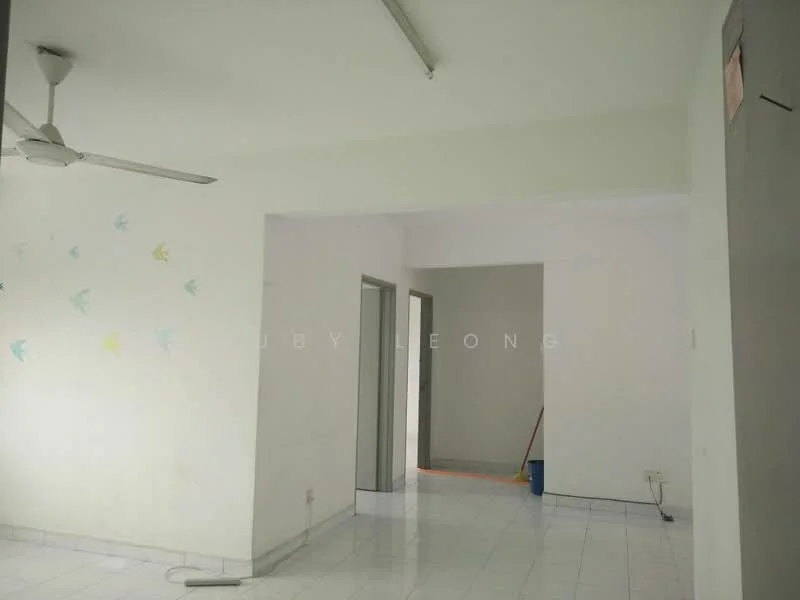 Room features: white painted walls, white tiled flooring, ceiling fan, doorway leading to another room, doorway leading to hallway, light fixture on ceiling, decorative wall art with birds, clean and uncluttered space; style: minimalist.