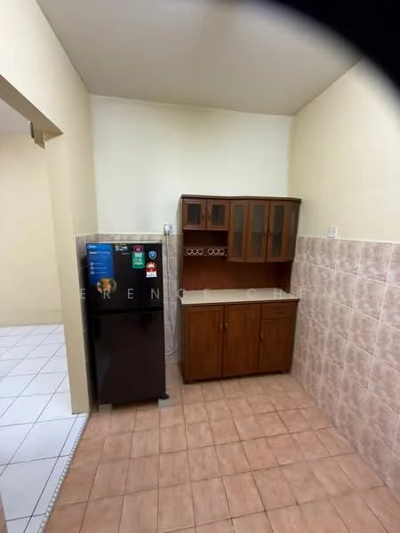 Kitchen features: black fridge, wood cabinetry, white countertop, tile backsplash, pink ceramic tile flooring, cream painted walls, open shelving, wine rack.