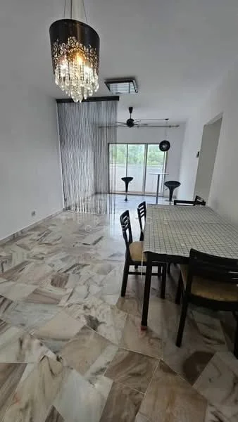 Dining features: marble tile flooring, white painted walls, chandelier with crystals, 5-blade ceiling fan, sliding glass door, balcony view, dining table with 6 chairs, decorative wall feature; style: modern; view: balcony.