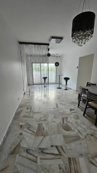 Living features: marble flooring, white painted walls, ceiling fan, chandelier, floor-to-ceiling windows, sliding glass door, bar stools, dining table with chairs, decorative curtain, open layout; style: modern; view: garden.