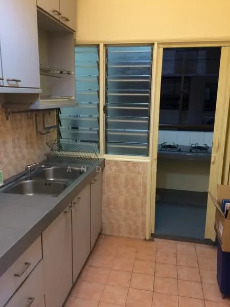 Kitchen features: double-bowl stainless-steel sink, chrome pull-down faucet, grey laminate countertop, light brown cabinetry, open shelving, tile backsplash, pink ceramic tile flooring, sliding glass window, door leading to balcony.