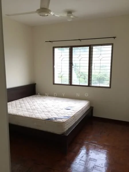 Bedroom features: wooden flooring, cream painted walls, single bed frame, mattress on bed frame, 2-pane casement windows, window treatments with grills, ceiling fan, built-in wardrobe; view: garden.