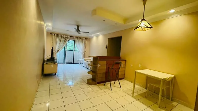 Living features: white painted walls, tiled flooring, 5-blade ceiling fan, pendant light, sliding glass door, curtains, TV console, dining table with chairs, open shelving, wooden partition, natural light from window; style: modern; view: garden.