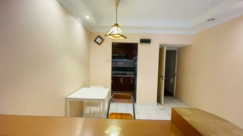 Room features: light beige painted walls, white ceiling, recessed downlights, square dining table, wooden dining chair, open doorway, tile flooring, wall-mounted air conditioning unit; style: modern.