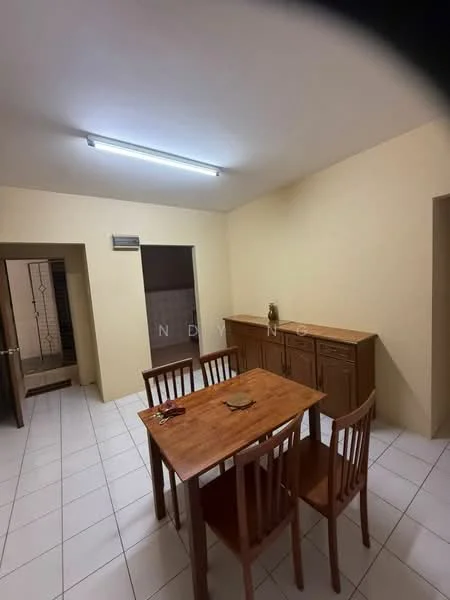 Dining features: wooden dining table, 4 wooden dining chairs, cream painted walls, tile flooring, ceiling light fixture, sideboard cabinet, air conditioning unit, open layout to adjacent room. Room features: doorway leading to another room, tile flooring, cream painted walls.