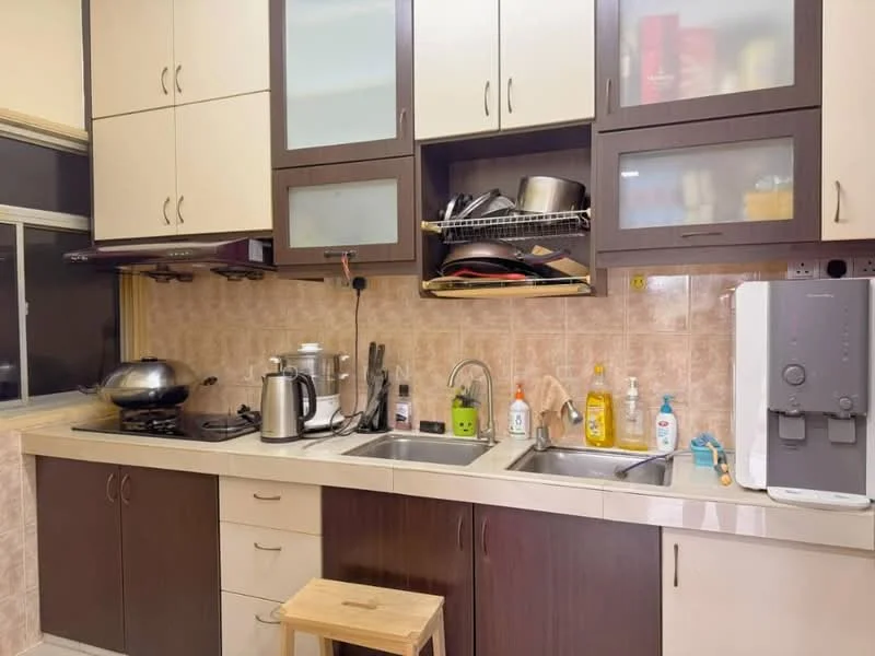 Kitchen features: brown and cream cabinetry, double-bowl stainless-steel sink, chrome pull-down faucet, white countertop, gas stove with exhaust hood, built-in water dispenser, open shelving, tile backsplash with beige pattern, kitchen utensils and pots visible, small wooden stool; style: modern.