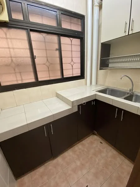 Kitchen features: double-bowl stainless-steel sink, chrome pull-down faucet, laminate countertop, brown cabinetry, white tiled backsplash, cream tiled flooring, window with grid pattern, open shelving above countertop.