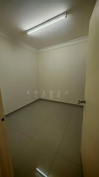 Room features: white painted walls, grey tiled flooring, ceiling with fluorescent lighting, crown moulding.