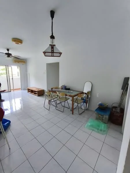 Dining features: white painted walls, white tiled flooring, ceiling fan, pendant light, dining table with four chairs, mirror, open shelving unit, storage boxes, window with view, natural light; style: modern.