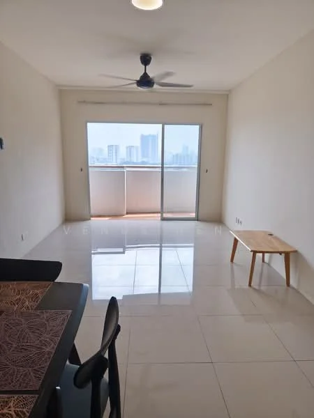 Living features: white painted walls, glossy ceramic tile flooring, 5-blade ceiling fan with light, floor-to-ceiling sliding glass door, city skyline view, dining table with chairs, wooden bench, natural light from windows; style: modern; view: city.
