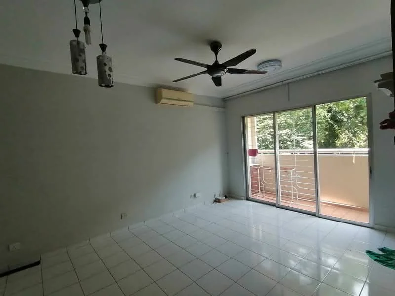 Living features: white painted walls, ceramic tile flooring, 5-blade ceiling fan with light, sliding glass door, floor-to-ceiling windows, air conditioning unit, balcony view, neutral decor; style: modern; view: garden.
