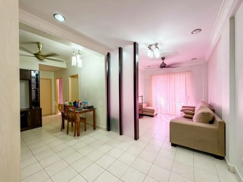 Living features: cream painted walls, white tiled flooring, 5-blade ceiling fan with light, sofa in beige, coffee table, floor-to-ceiling windows with sheer curtains, recessed downlights, decorative wall panels, dining table for four, open layout to adjacent rooms; style: modern; view: garden. Dining features: dining table for four, wooden dining chairs; style: modern. Room features: white tiled flooring, cream painted walls.