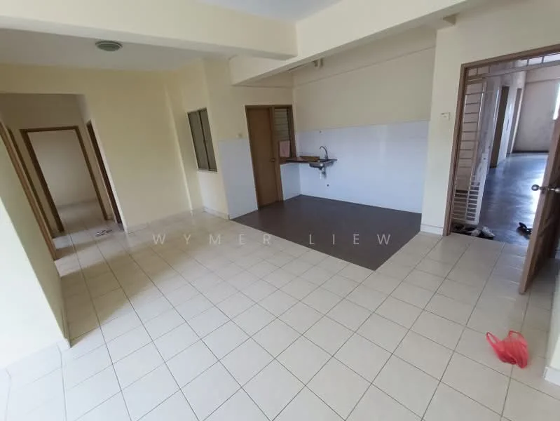 Room features: cream painted walls, white tiled flooring, kitchenette with sink, wooden door, window with no treatment, open layout, light ceiling, no visible appliances; style: minimalist.