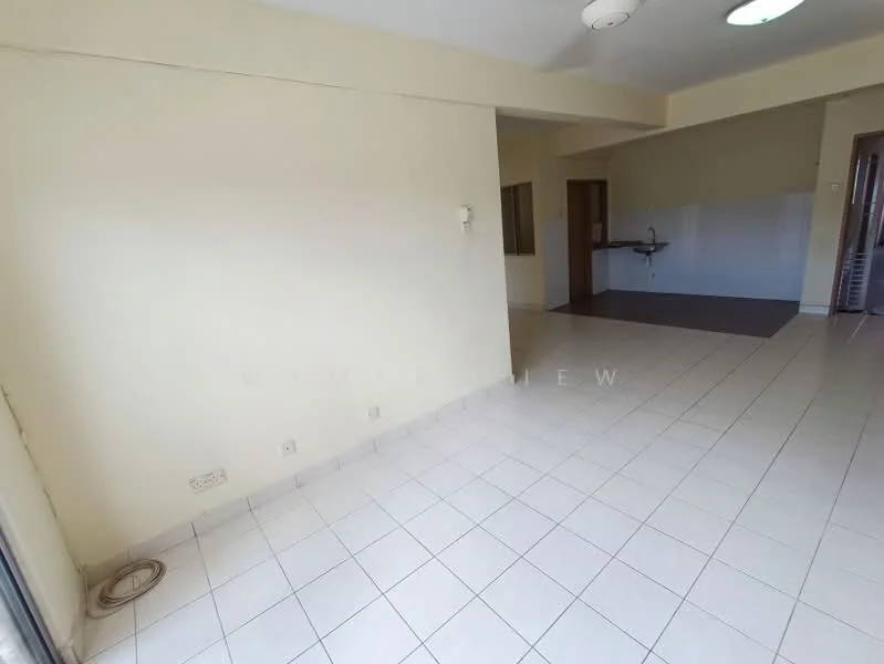Room features: cream painted walls, white tiled flooring, recessed ceiling lights, large window, open layout, kitchen area visible, wall-mounted electrical outlet, corner space for furniture; style: modern.