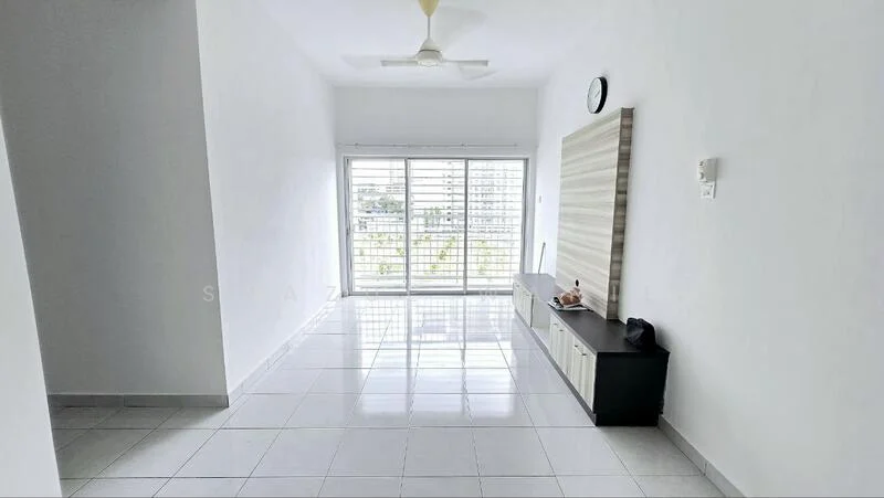 Living features: white painted walls, glossy white tile flooring, 5-blade ceiling fan, large sliding glass door, window with city view, wall-mounted clock, TV console in black, decorative wall panel, natural light from windows; style: modern; view: city.