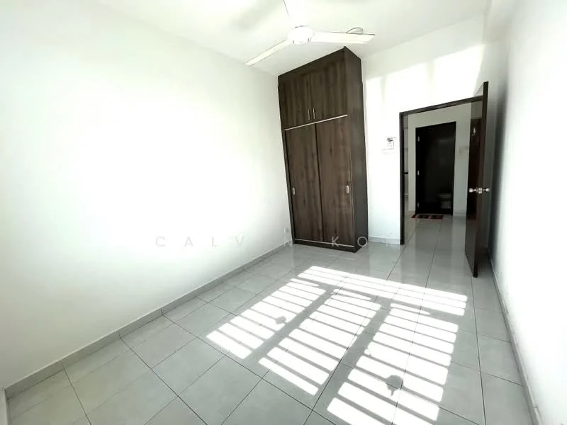 Room features: white painted walls, tile flooring, ceiling fan, built-in wardrobe with sliding doors, natural light from windows, door leading to another room.