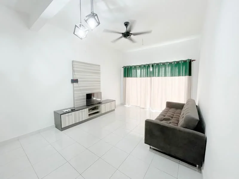 Living features: grey fabric sofa, wall-mounted TV, TV console with storage, white painted walls, glossy white tile flooring, 5-blade ceiling fan, recessed ceiling lights, floor-to-ceiling windows with sheer curtains, green curtain drapes; style: modern.