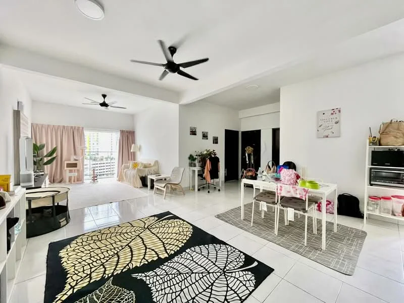 Living features: white painted walls, white ceiling, 5-blade ceiling fan with light, large floor-to-ceiling windows, sliding glass door, light-colored sofa, dining table with chairs, area rug with leaf pattern, decorative wall art, potted plants, open layout, tile flooring; style: modern; view: garden. Room features: grey accent wall, black ceiling fan, various bags and items on the floor.