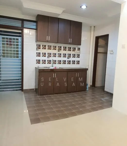 Kitchen features: brown wooden cabinetry, countertop with tiled backsplash, white tiled walls, grey floor tiles, recessed ceiling lights, open layout, single-bowl stainless-steel sink, wall-mounted storage, window with security grille; style: modern.