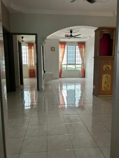 Room features: glossy ceramic tile flooring, white painted walls, arched doorway, ceiling with crown moulding, 2 ceiling fans, large windows with sheer curtains, orange curtains, decorative wall panel, open layout, natural light; style: modern; view: city.