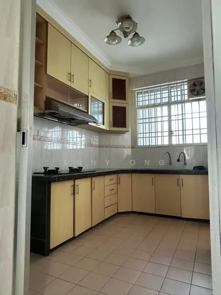 Kitchen features: black granite countertop, yellow cabinetry with upper shelves, stainless-steel range hood, built-in gas stove with 2 burners, double-bowl stainless-steel sink, chrome pull-down faucet, wall-mounted fan, tile backsplash, window with grid pattern, ceramic tile flooring, recessed ceiling lights; style: modern.