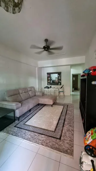 Living features: 3-seater fabric sofa in light grey, ceiling fan with light, area rug with geometric pattern, glass coffee table, wall-mounted TV, TV console, white painted walls, tile flooring, dining table with chairs in background; style: modern.