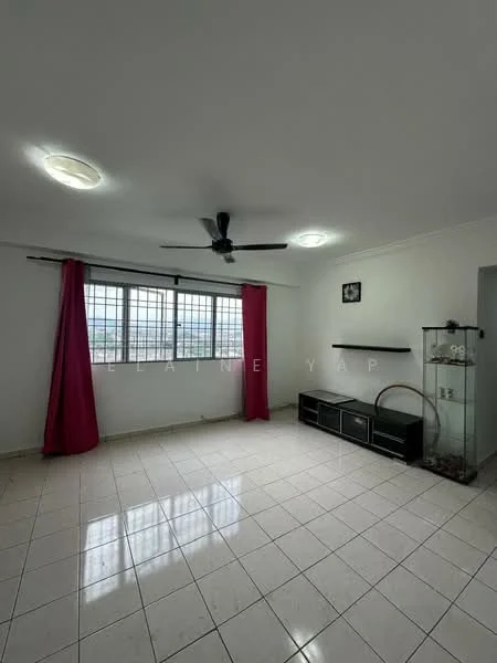 Living features: white painted walls, glossy tile flooring, 5-blade ceiling fan with light, two large windows with grid pattern, pink curtains, black TV console, glass display cabinet, decorative wall art; style: modern; view: city.