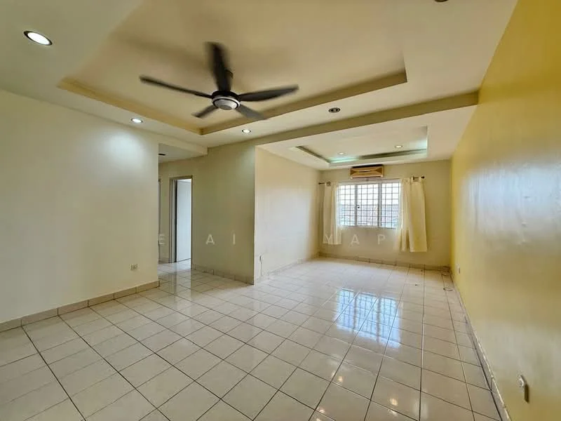 Living features: cream painted walls, yellow accent wall, white ceiling with recessed lighting, 5-blade ceiling fan with light, large windows with sheer curtains, ceramic tile flooring, air conditioning unit, open layout, natural light; style: modern.