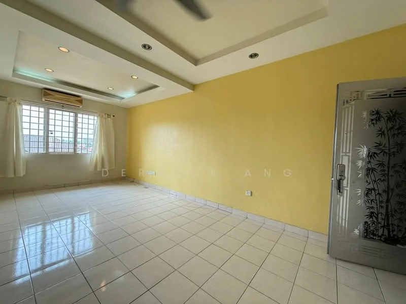 Room features: yellow painted walls, white ceiling with recessed lighting, 5-blade ceiling fan, floor-to-ceiling windows with sheer curtains, white tiled flooring, air conditioning unit on wall, decorative wall with bamboo pattern door, natural light from windows; style: modern.